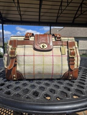 Coach Hamptons Plaid Canvas Leather Trim Satchel Shoulder Bag